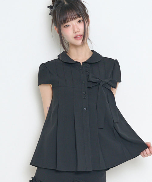 RIBBON PLEATS SHORT SLEEVE BLOUSE GREY - 3 COLORS BLACK