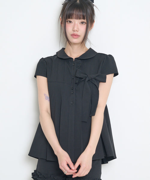 RIBBON PLEATS SHORT SLEEVE BLOUSE GREY - 3 COLORS BLACK