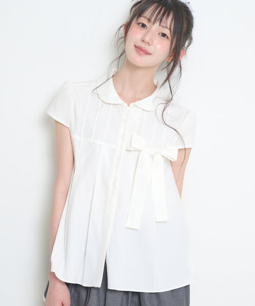 RIBBON PLEATS SHORT SLEEVE BLOUSE GREY - 3 COLORS WHITE