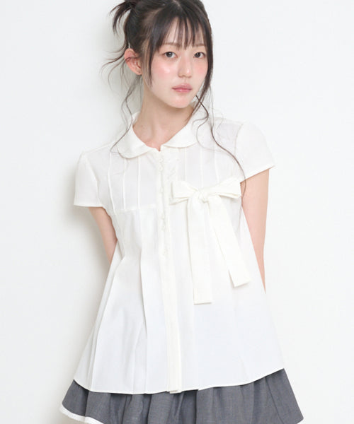 RIBBON PLEATS SHORT SLEEVE BLOUSE GREY - 3 COLORS WHITE