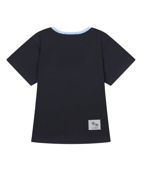LORA SMALL LOGO CONTRAST U-NECK SHORT SLEEVE TEE - 9 COLORS BLACK
