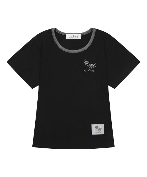 LORA SMALL LOGO CONTRAST U-NECK SHORT SLEEVE TEE - 9 COLORS BLACK