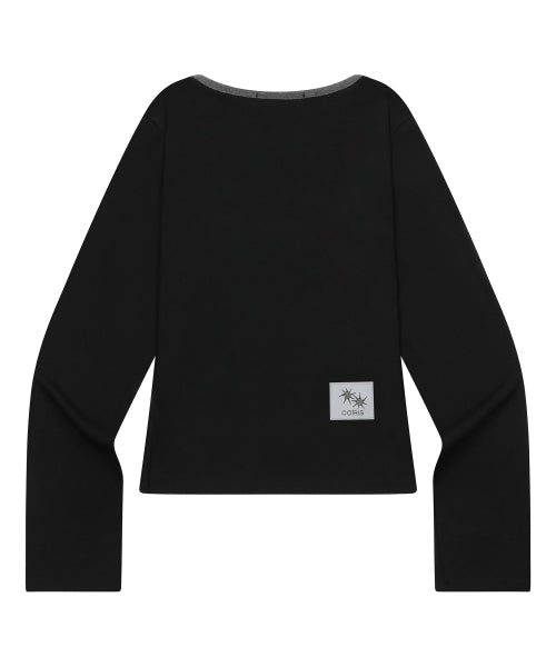 LORA SMALL LOGO CONTRAST U-NECK LONG SLEEVE TEE - 9 COLORS BLACK