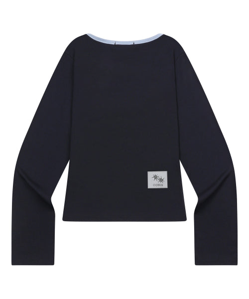 LORA SMALL LOGO CONTRAST U-NECK LONG SLEEVE TEE - 9 COLORS BLACK