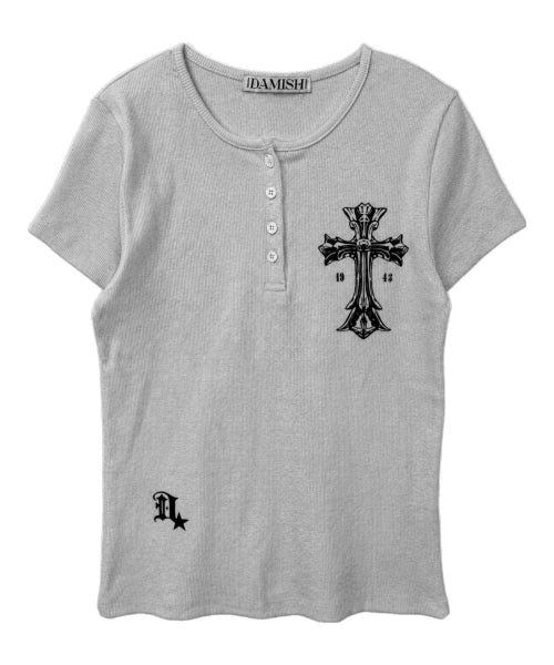 GOTHIC CROSS HENLEY NECK SHORT SLEEVE - 3 COLORS GREY