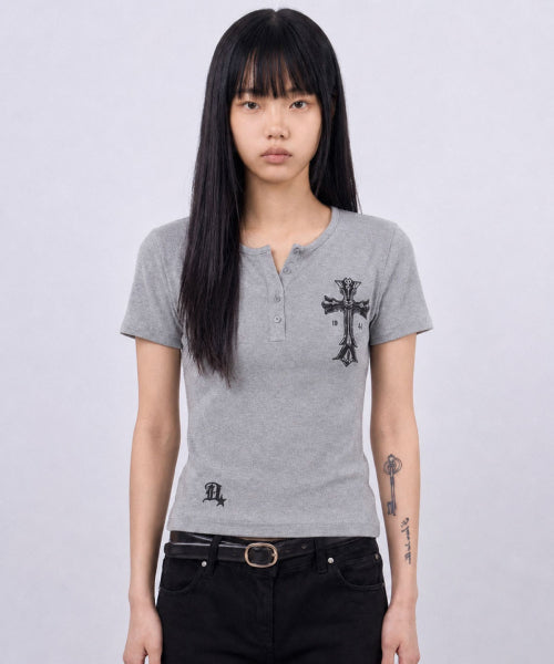 GOTHIC CROSS HENLEY NECK SHORT SLEEVE - 3 COLORS GREY