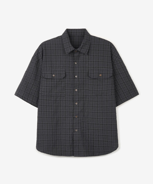 ROLL-UP TWO POCKET CHECK HALF SHIRT BLACK