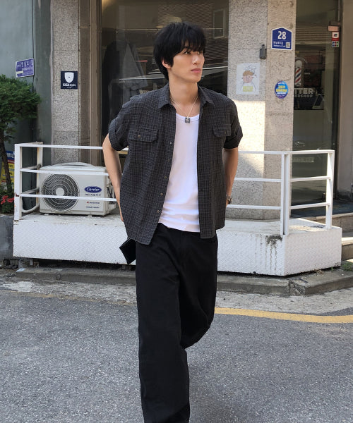 ROLL-UP TWO POCKET CHECK HALF SHIRT BLACK