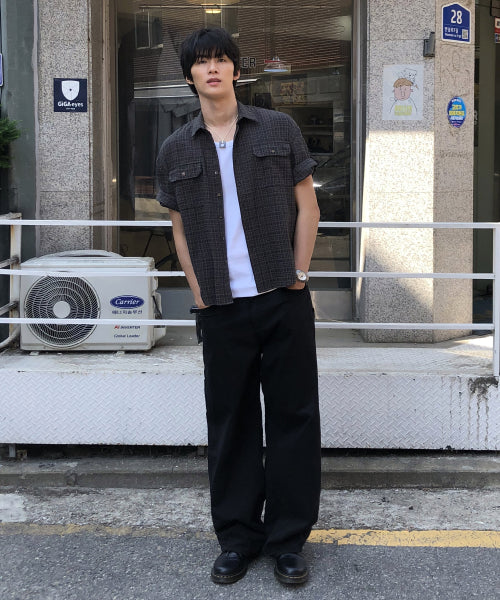 ROLL-UP TWO POCKET CHECK HALF SHIRT BLACK