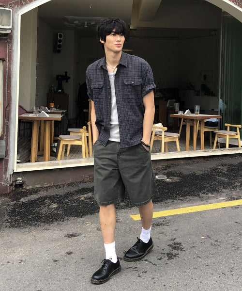 ROLL-UP TWO POCKET CHECK HALF SHIRT BLACK