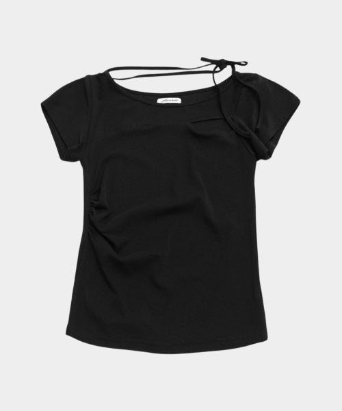 UNBALANCED SHIRRING STRAP SEMI CROP SHORT SLEEVE TEE - 3 COLORS CHARCOAL