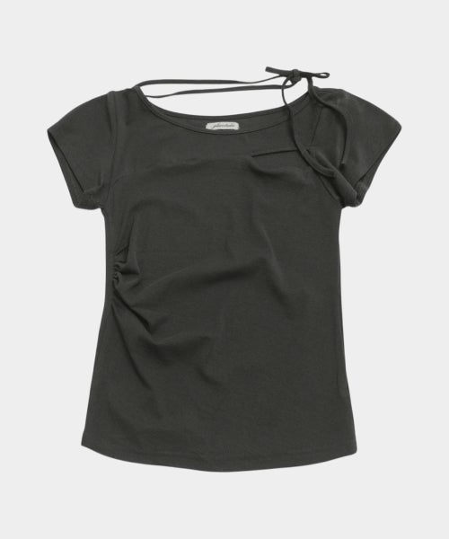 UNBALANCED SHIRRING STRAP SEMI CROP SHORT SLEEVE TEE - 3 COLORS CHARCOAL