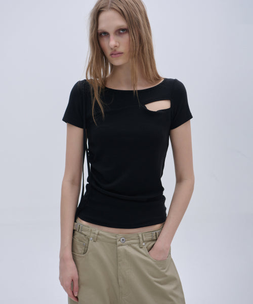 UNBALANCED SHIRRING STRAP SEMI CROP SHORT SLEEVE TEE - 3 COLORS CHARCOAL