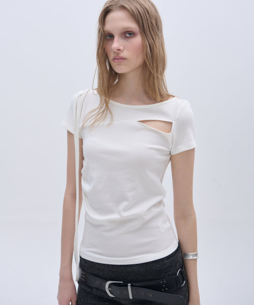 UNBALANCED SHIRRING STRAP SEMI CROP SHORT SLEEVE TEE - 3 COLORS CHARCOAL