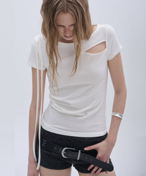 UNBALANCED SHIRRING STRAP SEMI CROP SHORT SLEEVE TEE - 3 COLORS CHARCOAL