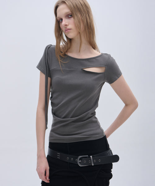 UNBALANCED SHIRRING STRAP SEMI CROP SHORT SLEEVE TEE - 3 COLORS CHARCOAL