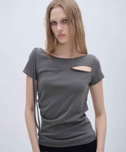 UNBALANCED SHIRRING STRAP SEMI CROP SHORT SLEEVE TEE - 3 COLORS CHARCOAL