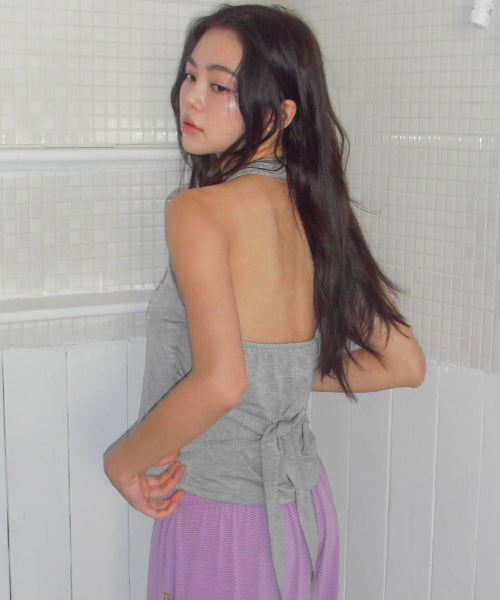 POEV KNOTTED HALTER NECK SLEEVELESS TOP - 2 COLORS MELANGE GREY