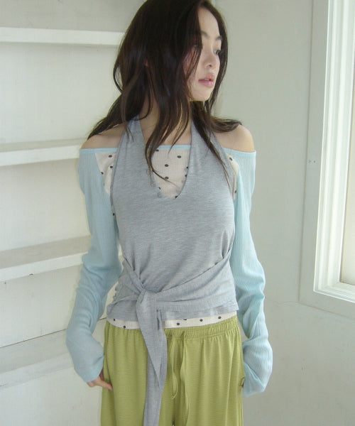 POEV KNOTTED HALTER NECK SLEEVELESS TOP - 2 COLORS MELANGE GREY