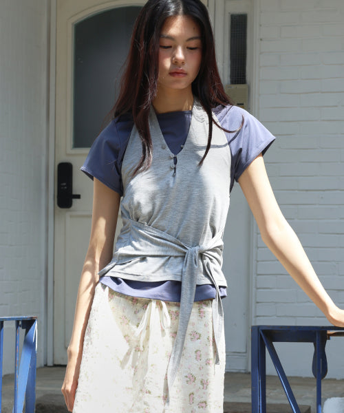 POEV KNOTTED HALTER NECK SLEEVELESS TOP - 2 COLORS MELANGE GREY