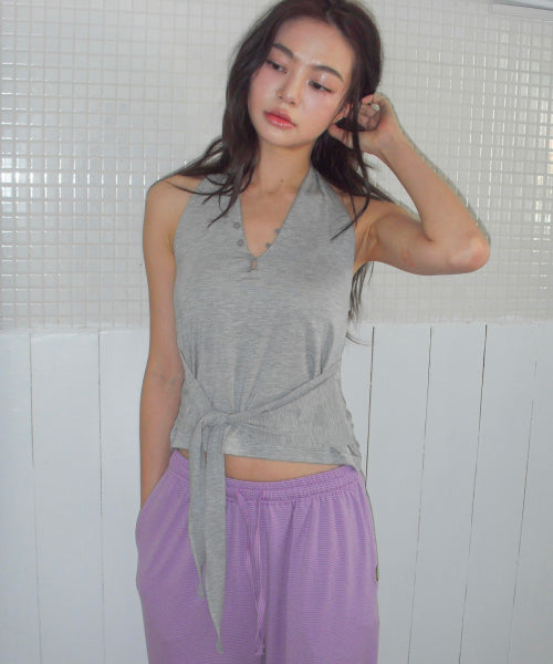 POEV KNOTTED HALTER NECK SLEEVELESS TOP - 2 COLORS MELANGE GREY