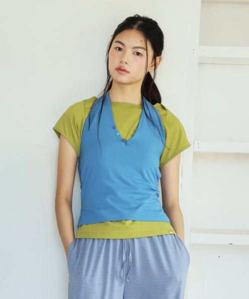 POEV KNOTTED HALTER NECK SLEEVELESS TOP - 2 COLORS BLUE