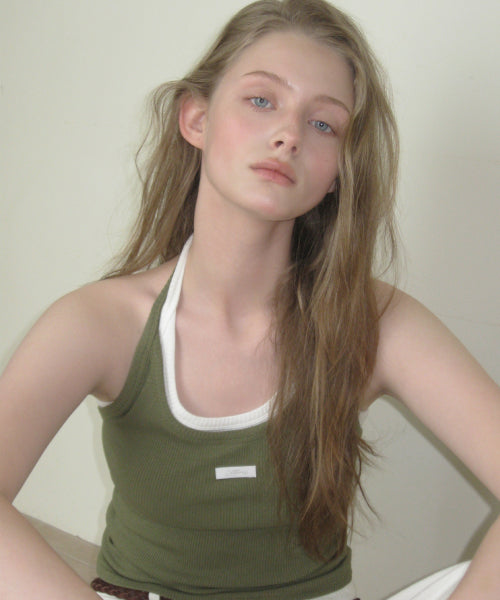 LETTER FROM MOON LETTERS LABEL HALTER TOP - 6 COLORS OLIVE