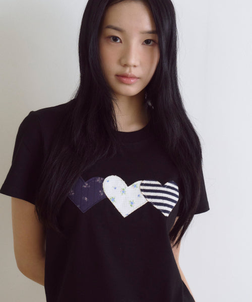 HEART PATCH COTTON T-SHIRT - 2 COLORS BLACK