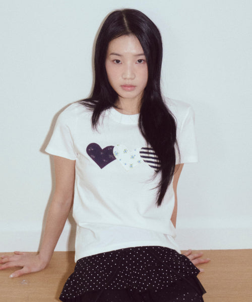 HEART PATCH COTTON T-SHIRT - 2 COLORS WHITE