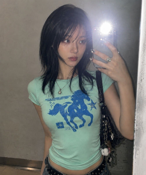 HORSE GRAPHIC PASTEL SLIM T-SHIRT - 3 COLORS MINT