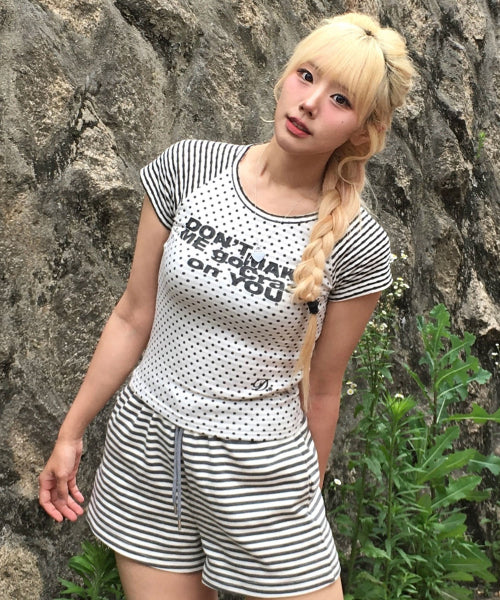 DOT STRIPE LETTERING SHORT SLEEVE - 4 COLORS IVORY