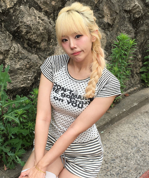 DOT STRIPE LETTERING SHORT SLEEVE - 4 COLORS IVORY