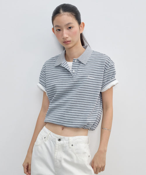 COLLAR STRING POINT CROP SHORT SLEEVE TEE - 5 COLORS