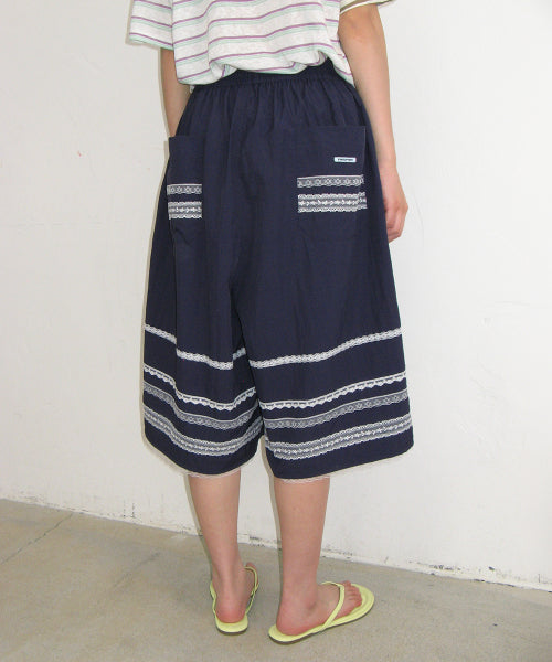 LACE TRIM NYLON BERMUDA SHORTS - 3 COLORS NAVY
