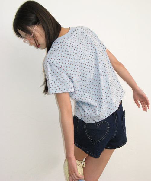 FLORAL MINI LABEL CROP SHORT SLEEVE - 2 COLORS BLUE