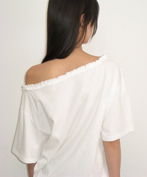 FRILL OFF SHOULDER STRING T SHIRT - 2 COLORS WHITE