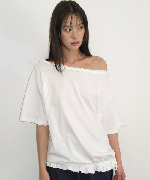 FRILL OFF SHOULDER STRING T SHIRT - 2 COLORS WHITE