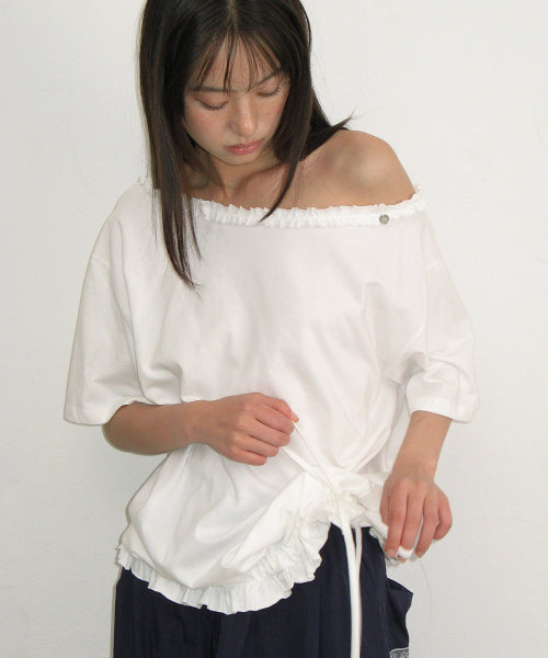 FRILL OFF SHOULDER STRING T SHIRT - 2 COLORS WHITE
