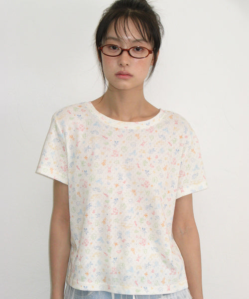 DRAWING EYELET HALF SLEEVE T SHIRT IVORY