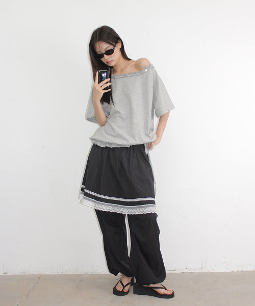 FRILL OFF SHOULDER STRING T SHIRT - 2 COLORS GREY