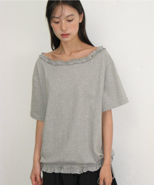 FRILL OFF SHOULDER STRING T SHIRT - 2 COLORS GREY