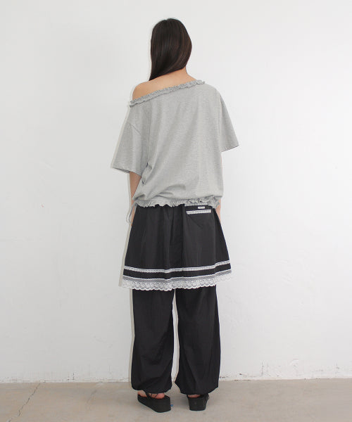FRILL OFF SHOULDER STRING T SHIRT - 2 COLORS GREY