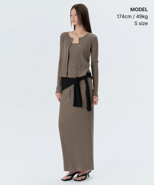 WOMENS SLUB RIBBED TOP CARDIGAN SET #韓韶禧同款! - 4 COLORS TAUPE