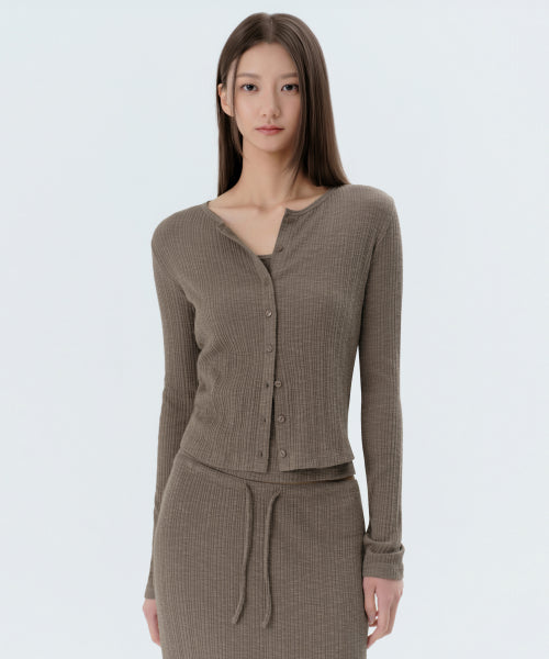 WOMENS SLUB RIBBED TOP CARDIGAN SET #韓韶禧同款! - 4 COLORS TAUPE