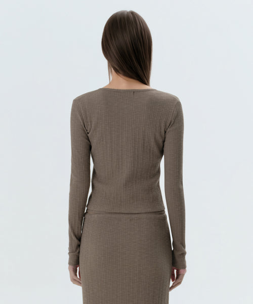 WOMENS SLUB RIBBED TOP CARDIGAN SET #韓韶禧同款! - 4 COLORS TAUPE