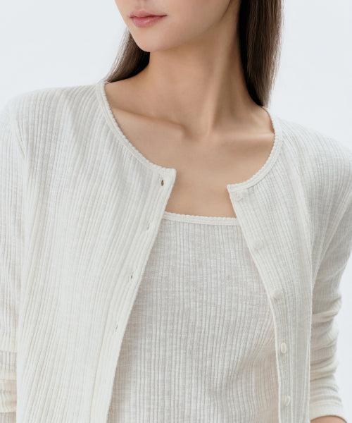 WOMENS SLUB RIBBED TOP CARDIGAN SET #韓韶禧同款! - 4 COLORS IVORY