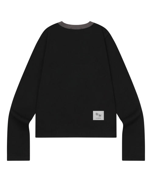LORA SMALL LOGO ROUND NECK CONTRAST LONG SLEEVE TEE - 3 COLORS BLACK