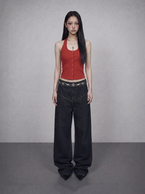 GLAM HALTER NECK SLIM TOP RED
