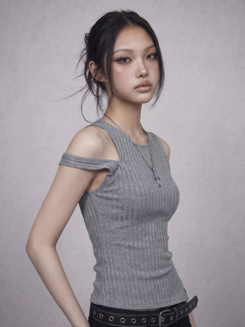GLAM RIBBED SLEEVELESS TEE - 2 COLORS MELANGE GREY
