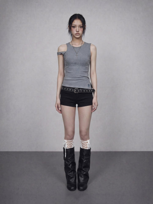 GLAM RIBBED SLEEVELESS TEE - 2 COLORS MELANGE GREY